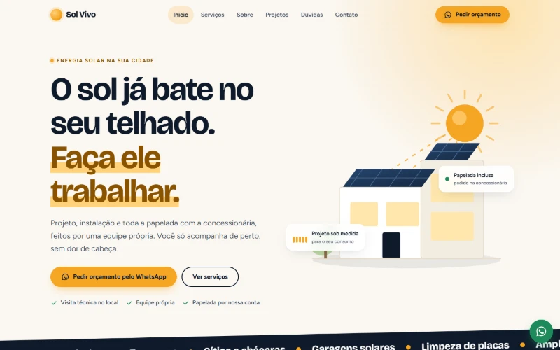 Tela inicial do site de exemplo da Sol Vivo, empresa de energia solar
