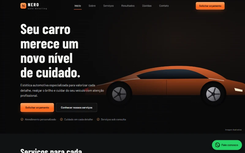 Tela inicial do site de exemplo NERO Auto Detailing, de estética automotiva