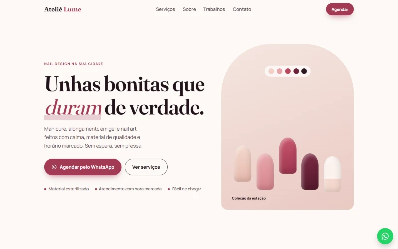 Tela inicial do site de exemplo do Ateliê Lume, estúdio de unhas